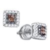 Image 1 : 10k White Gold Brown Princess Diamond Stud Square Screwback Earrings 1/3 Cttw