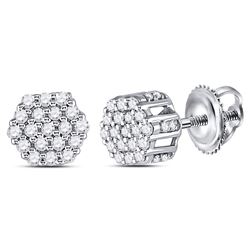14kt White Gold Mens Round Diamond Hexagon Cluster Earrings 1/4 Cttw