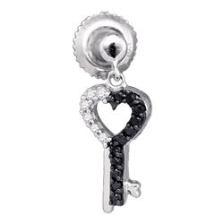 10kt White Gold Round Black Color Enhanced Diamond Key Heart Dangle Earrings 1/6 Cttw