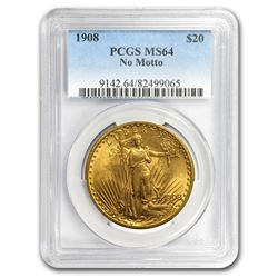 1908 $20 Saint-Gaudens Gold Double Eagle No Motto MS-64 PCGS