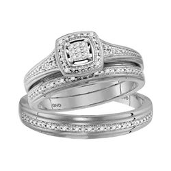 10kt White Gold His & Hers Round Diamond Cluster Matching Bridal Wedding Ring Band Set 1/10 Cttw