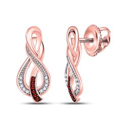 10kt Rose Gold Round Red Color Enhanced Diamond Infinity Stud Earrings 1/12 Cttw