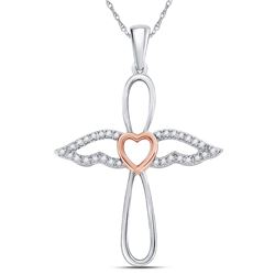 Sterling Silver Rose-tone Round Diamond Angel Cross Pendant 1/8 Cttw