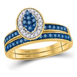 10kt Yellow Gold Blue Color Enhanced Diamond Cluster Bridal Wedding Engagement Ring Band Set 1/2 Ctt