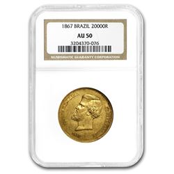 1867 Brazil Gold 20,000 Reis Pedro II AU-50 NGC