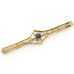 Antique Art Nouveau 14kt Yellow and White Gold Bar Pin w/ Synthetic Sapphire