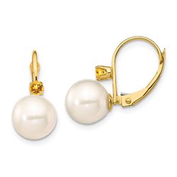 14k Yellow Gold White Pearl Citrine Leverback Earrings - 8-8.5 mm