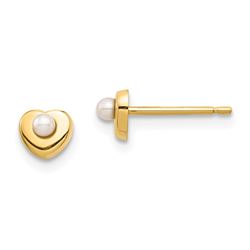 14k Yellow Gold White Button Pearl Heart Post Earrings