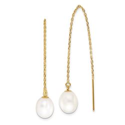 14k Yellow Gold White Rice Pearl Cable Chain Earrings - 7-8 mm