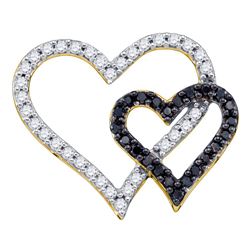 10kt Yellow Gold Round Black Color Enhanced Diamond Double Heart Pendant 1/2 Cttw