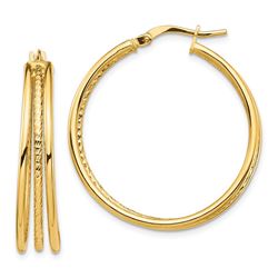 14k Yellow Gold Polished & Textured 3 Hoop Earrings - 32 mm