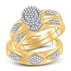 10kt Yellow Gold His & Hers Round Diamond Cluster Matching Bridal Wedding Ring Band Set 1/3 Cttw
