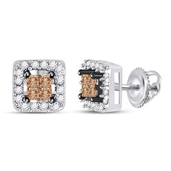 14k White Gold Brown Princess Diamond Stud Square Screwback Earrings 1/3 Cttw