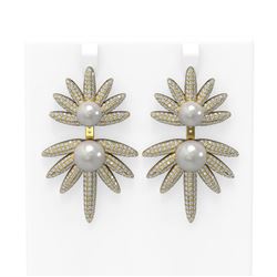 8 ctw Diamond & Pearl Earrings 18K Yellow Gold