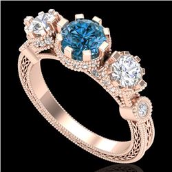 1.75 ctw Intense Blue Diamond Art Deco 3 Stone Ring 18k Rose Gold