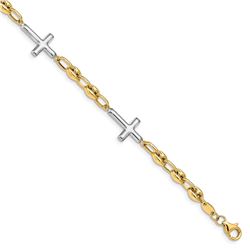 14K Two-tone Polished Sideways Cross Bracelet - 7.5 in.