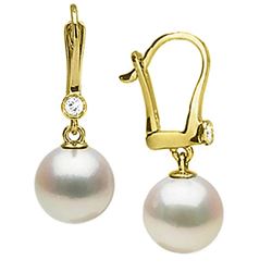 Japanese Akoya Pearl and Diamond Bezel Dangle Earrings
