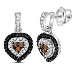 Sterling Silver Round Black Color Enhanced Diamond Heart Dangle Earrings 1/2 Cttw