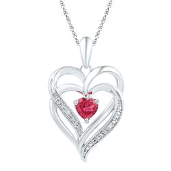 Sterling Silver Round Lab-Created Ruby & Diamond Heart Pendant .01 Cttw