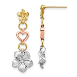 14k Tri-color Brushed & Polished Plumeria Dangle Post Earrings