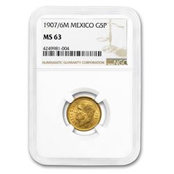 1907/6 Mexico Gold 5 Pesos MS-63 NGC
