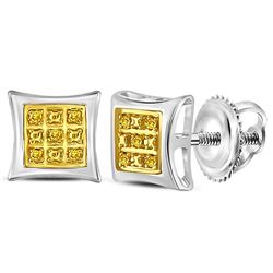 Sterling Silver Round Yellow Color Enhanced Diamond Square Kite Stud Earrings .03 Cttw