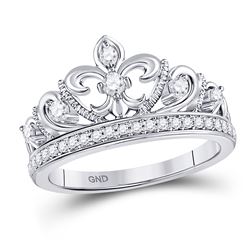 10kt White Gold Round Diamond Fleur-de-lis Crown Ring 1/3 Cttw