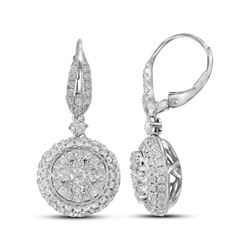 14kt White Gold Round Diamond Circle Cluster Dangle Earrings 2-1/5 Cttw