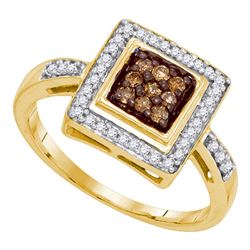 10kt Yellow Gold Round Brown Diamond Square Frame Cluster Ring 1/4 Cttw