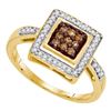 Image 1 : 10kt Yellow Gold Round Brown Diamond Square Frame Cluster Ring 1/4 Cttw
