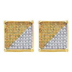 10kt Yellow Gold Mens Round Yellow Color Enhanced Diamond Square Cluster Earrings 7/8 Cttw