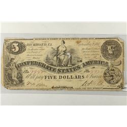 1861 $5 CONFEDERATE STATES OF AMERICA CURRENCY