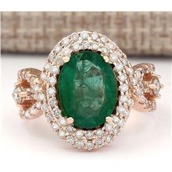 5.25 CTW Natural Emerald And Diamond Ring In 18K Rose Gold