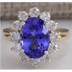 5.37 CTW Natural Blue Tanzanite And Diamond Ring 18K Solid Yellow Gold