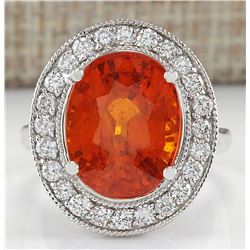 12.31 CTW Natural Mandarin Garnet And Diamond Ring 18K Solid White Gold