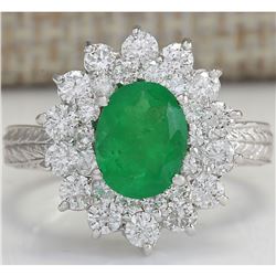 2.50 CTW Natural Emerald And Diamond Ring 14K Solid White Gold