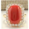 Image 1 : 10.13 CTW Natural Coral And Diamond Ring In 14k Yellow Gold