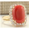 Image 2 : 10.13 CTW Natural Coral And Diamond Ring In 14k Yellow Gold