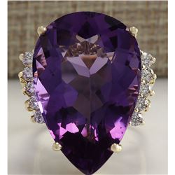 30.25 CTW Natural Amethyst And Diamond Ring In 18K Solid Yellow Gold