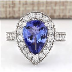4.12 CTW Natural Blue Tanzanite And Diamond Ring 18K Solid White Gold