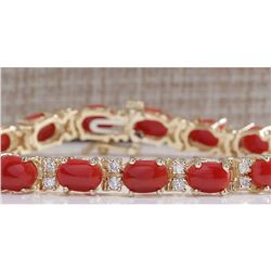 18.44CTW Natural Red Coral And Diamond Bracelet In 14K Solid Yellow Gold