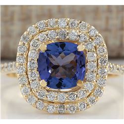 2.00 CTW Natural Blue Tanzanite And Diamond Ring 14K Solid Yellow Gold