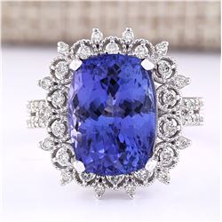 10.30 CTW Natural Blue Tanzanite And Diamond Ring 18K Solid White Gold
