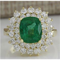 4.39 CTW Natural Emerald And Diamond Ring 18K Solid Yellow Gold