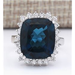 11.07 CTW Natural London Blue Topaz And Diamond Ring In14k Solid White Gold