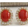 Image 1 : 3.10 CTW Natural Red Coral And Diamond Earrings 18K Solid Yellow Gold