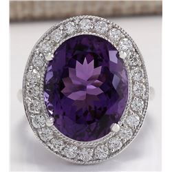 10.60 CTW Natural Amethyst And Diamond Ring In 18K Solid White Gold