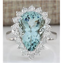 6.26 CTW Natural Aquamarine And Diamond Ring In 18K Solid White Gold