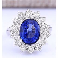 5.55 CTW Natural Ceylon Sapphire And Diamond Ring In 18K White Gold