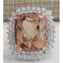 21.86 CTW Natural Peach Morganite And Diamond Ring In 14K Solid White Gold